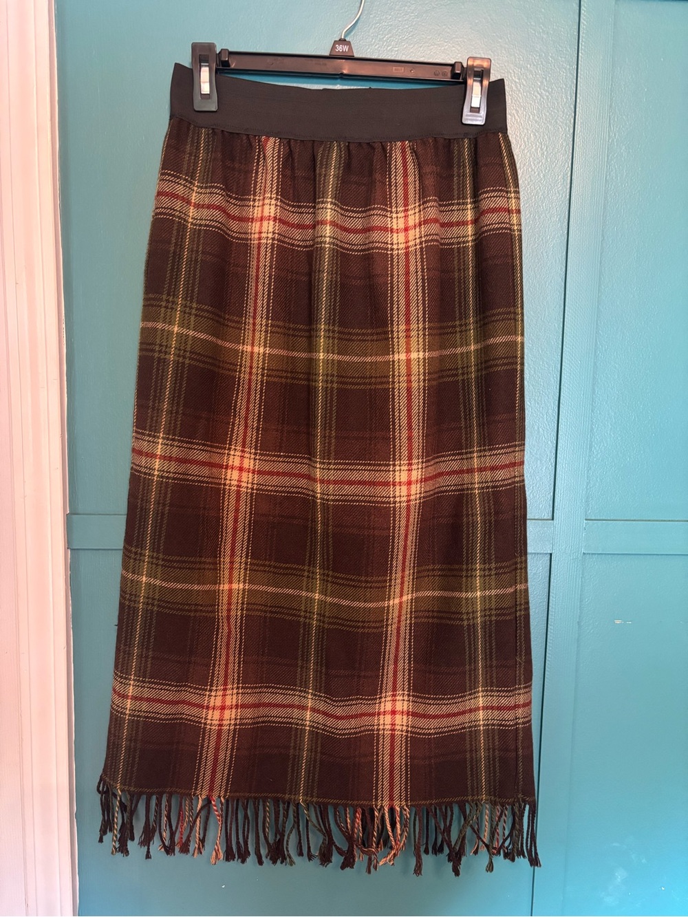 Brown Plaid Fringe Midi Skirt, Lined, Elastic Waist,  27” Waist